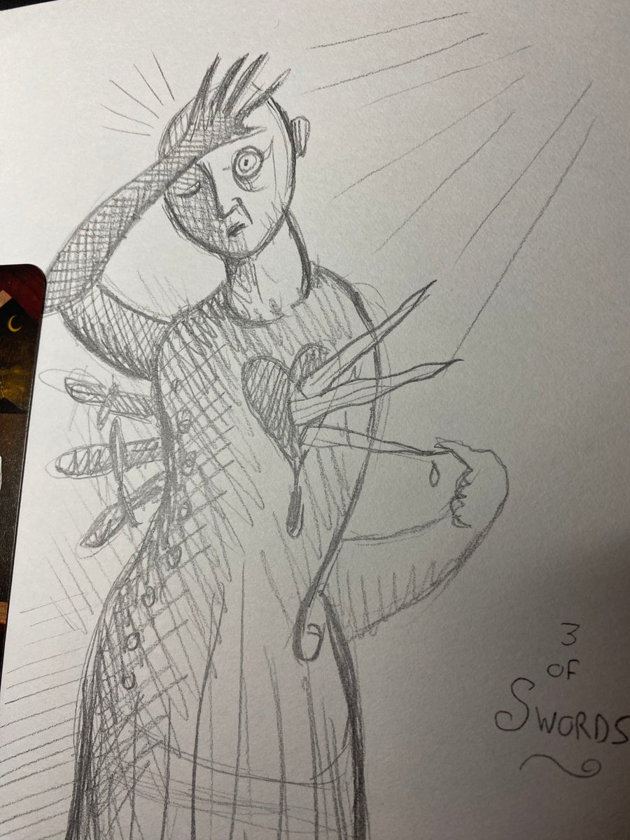 “3 of Swords” Original Deviant Moon Tarot Concept Sketch – Deviant Moon Inc