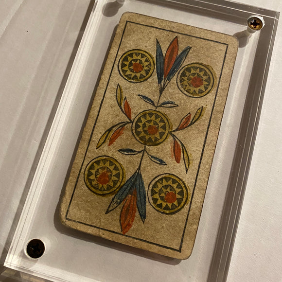 ”5 of Coins”-Historical Antique Hand Painted Tarot Card 1850