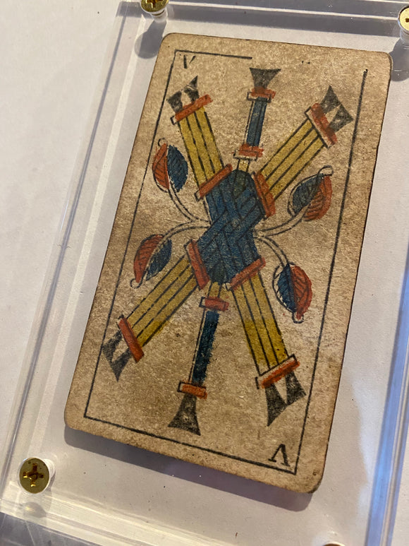 “5 of Wands”-Historical Antique Hand Painted Tarot Card 1850